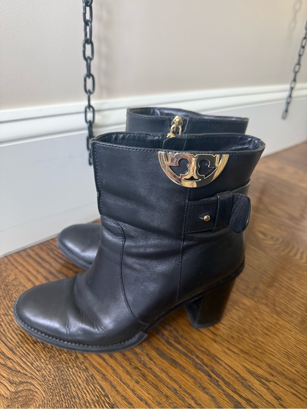 Tory Burch Black Leather Ankle Boots with Gold Accent